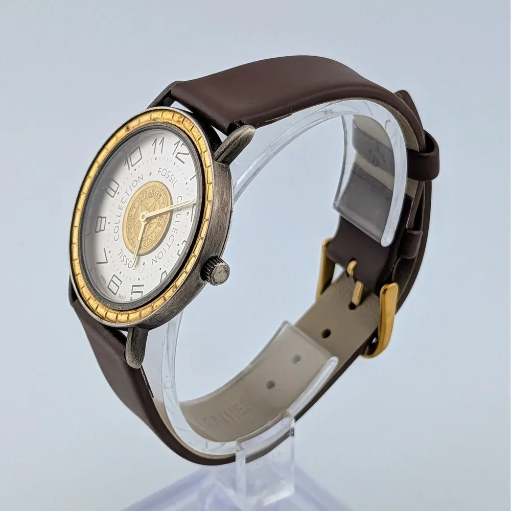 1980s Vintage Fossil Collection Quartz Watch Gold Medallion Dial Leather 36mm